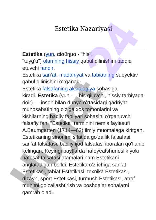 Estetika nazariyasining asosiy qoidalari