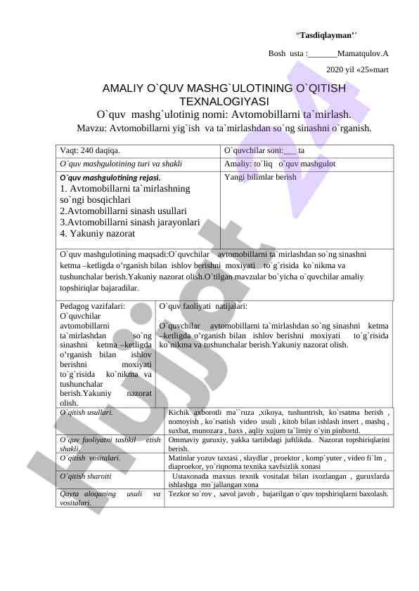 Avtomobillarni ta'mirlash o'quv mashg'ulot rejasi