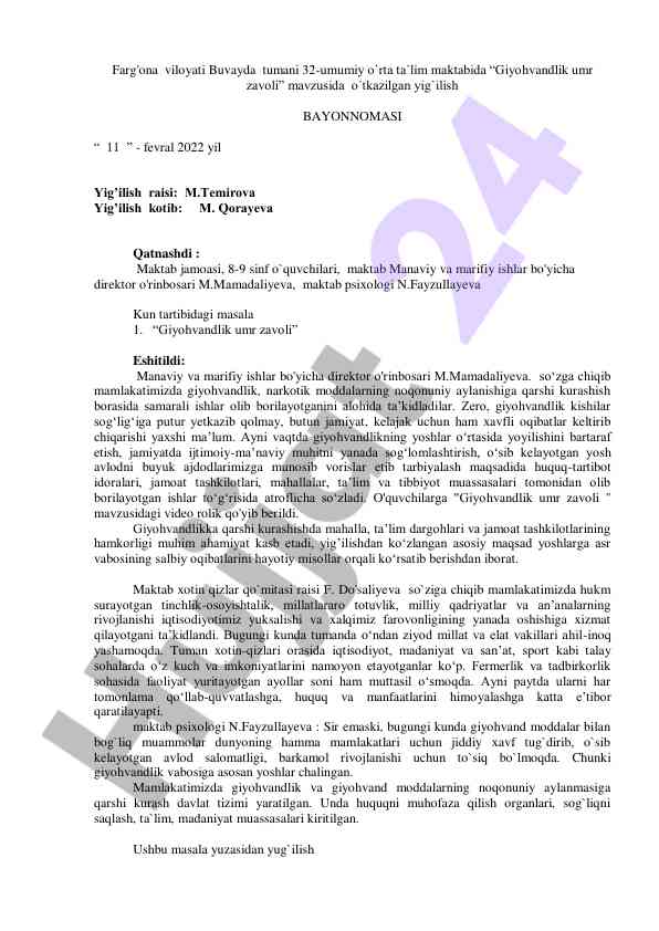 Giyohvandlik umr zavoli mavzusida yig'ilish