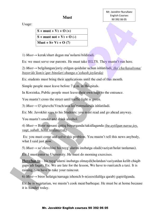 Must usage in english: rules and examples