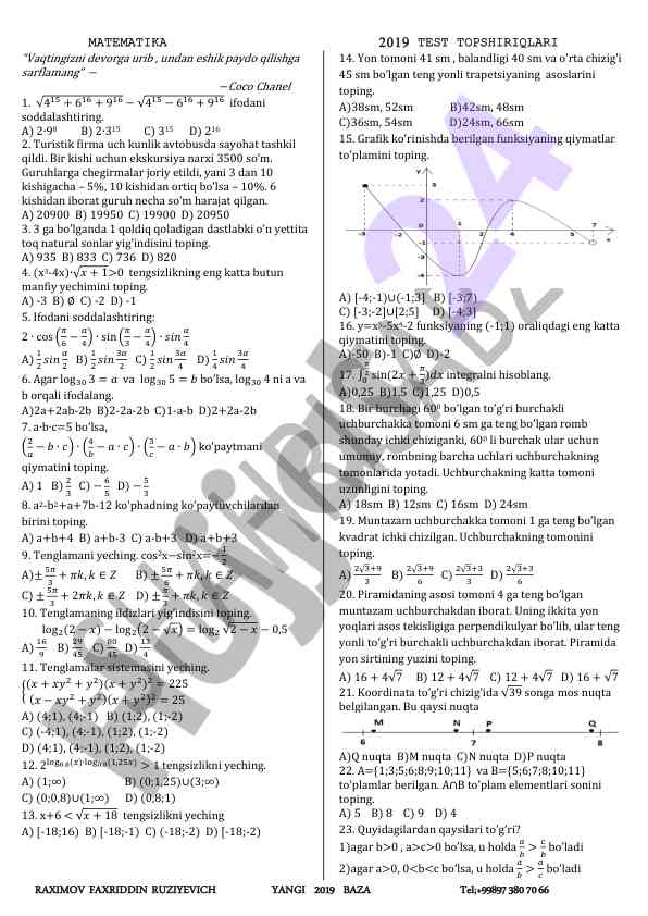 Matematika 2019 test topshiriqlari muammolari