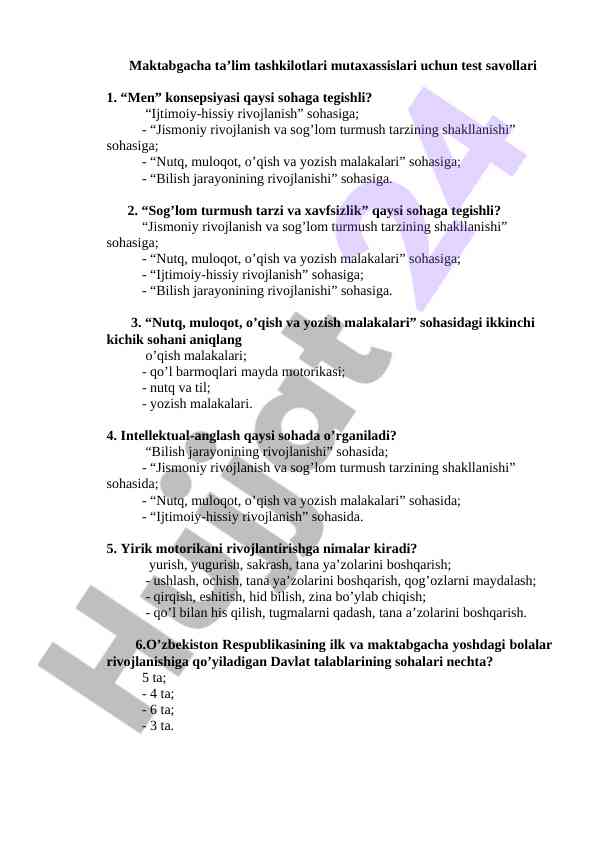 Maktabgacha ta’lim tashkilotlari uchun test savollari
