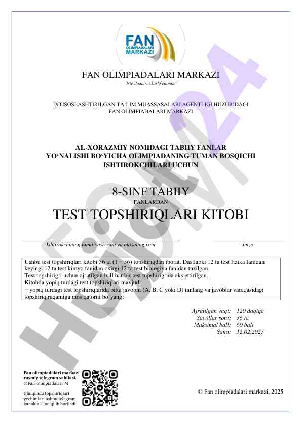 8-sinf tabiy fanlardan test topsiriqlari kitobi