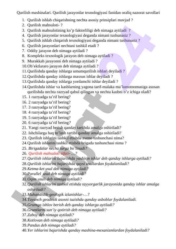 Qurilish mashinalari va texnologiyalari savollari
