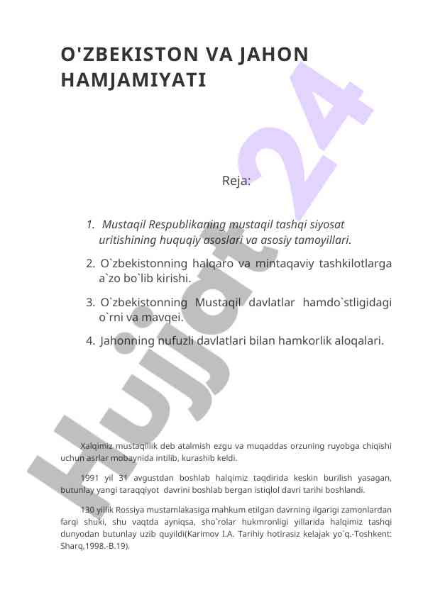 O'zbekistonning mustaqil tashqi siyosati asoslari