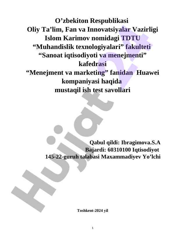 Huawei kompaniyasi haqida mustaqil ish test savollari