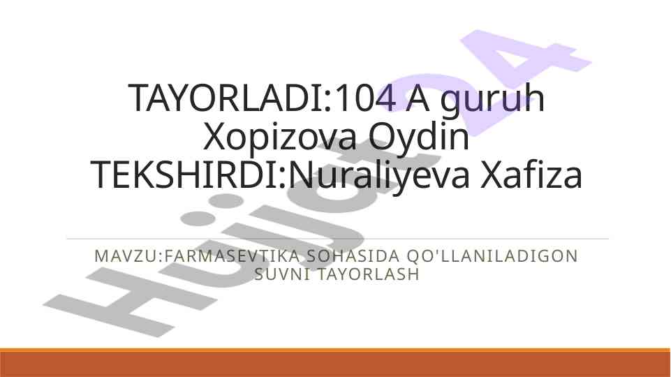 Farmatsevtika sohasida suvni tayorlash jarayonlari