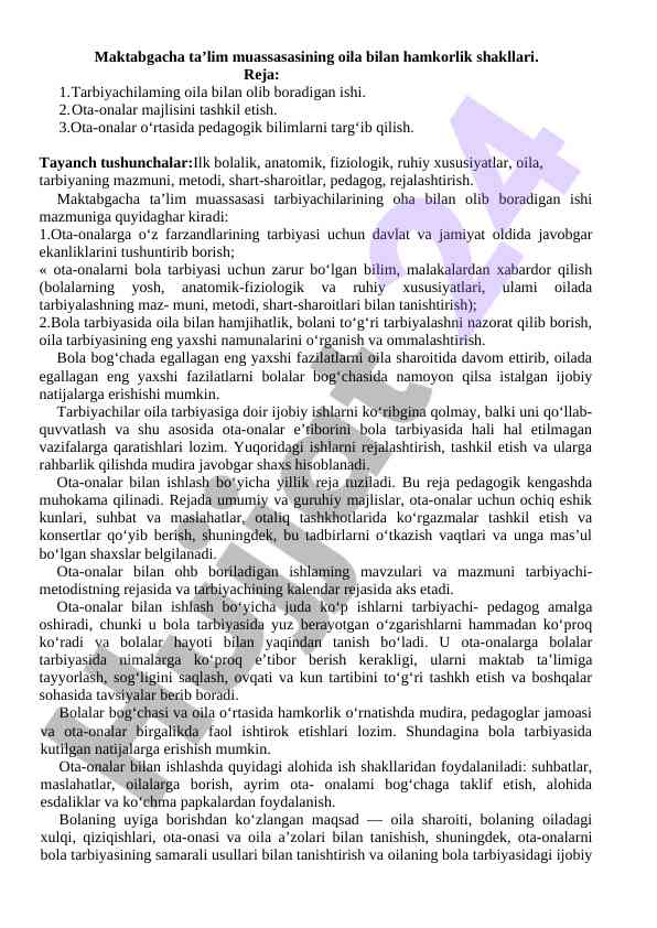 Maktabgacha ta’limda oila bilan hamkorlik shakllari