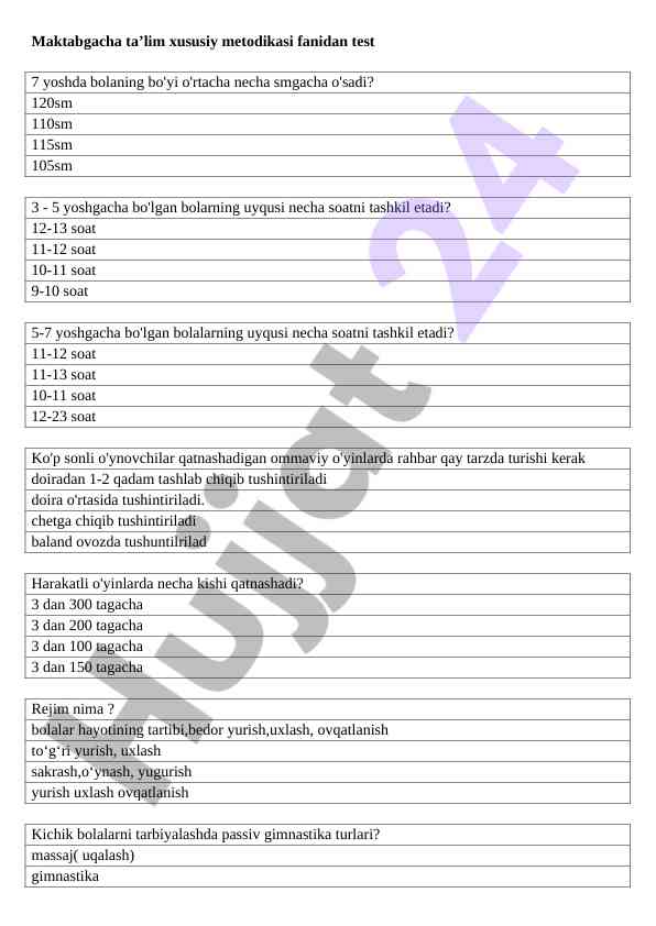 Maktabgacha ta’lim xususiy metodikasi fanidan testlar