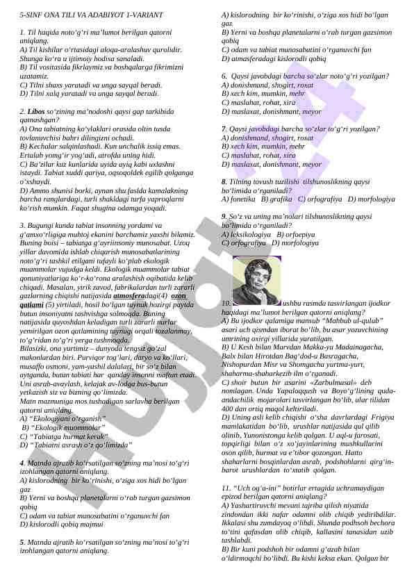 5-sinf ona tili va adabiyot test varianti