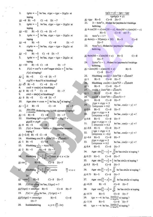 Matematik test savollari va javoblari