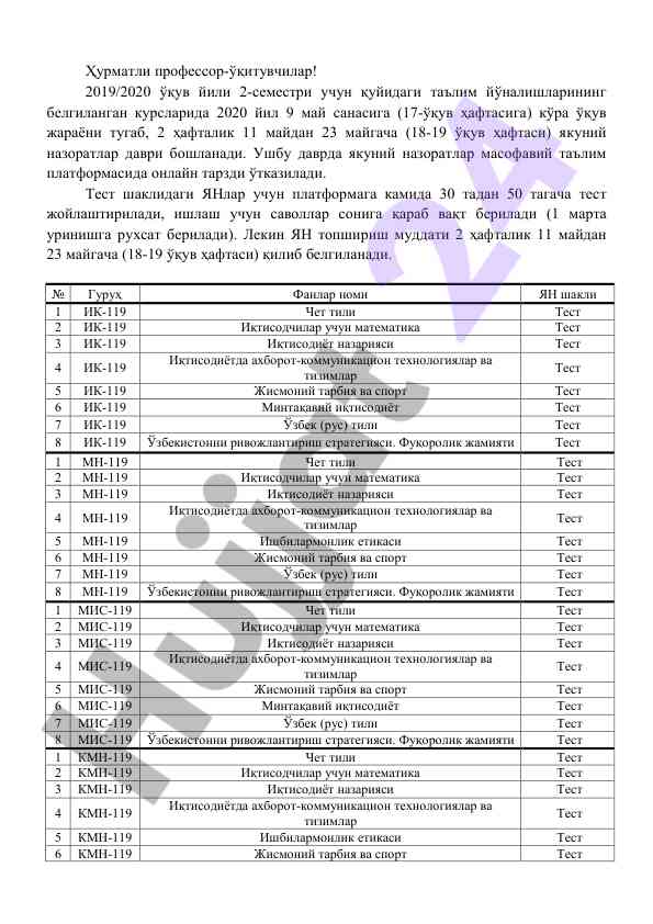 Yakuniy nazoratlar uchun testlar jadvali 2020