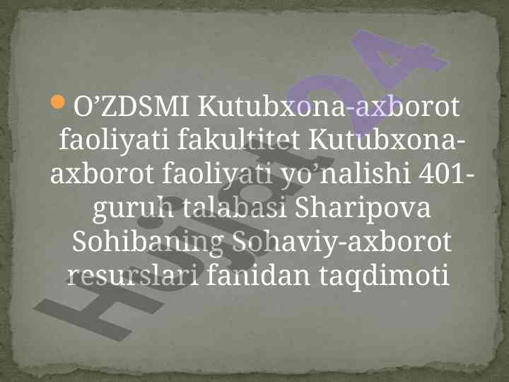 Badiiy madaniyatning axborot resurslari taqdimoti