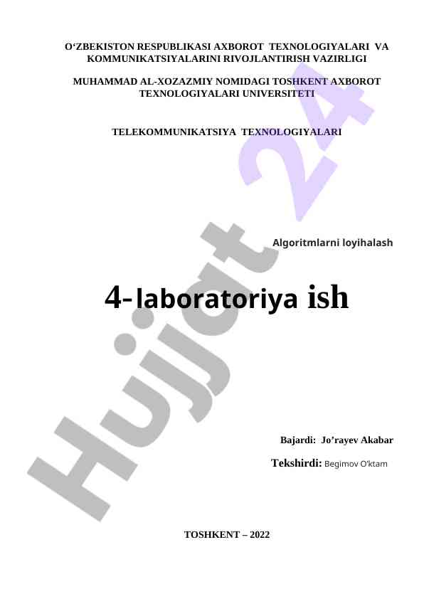 Algoritmlarni loyihalash laboratoriya ishlari bajarilishi