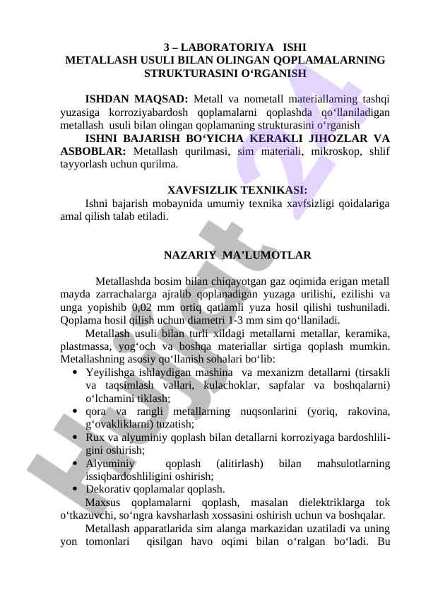 Metallash usuli bilan olingan qoplamalar strukturasini o‘rganish
