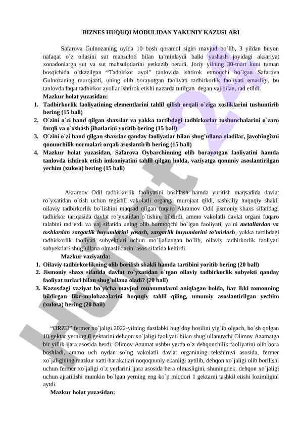 Biznes huquqi modulidan yakuniy kazuslari