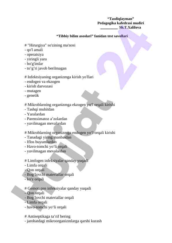 Tibbiy bilim asoslari fanidan test savollari