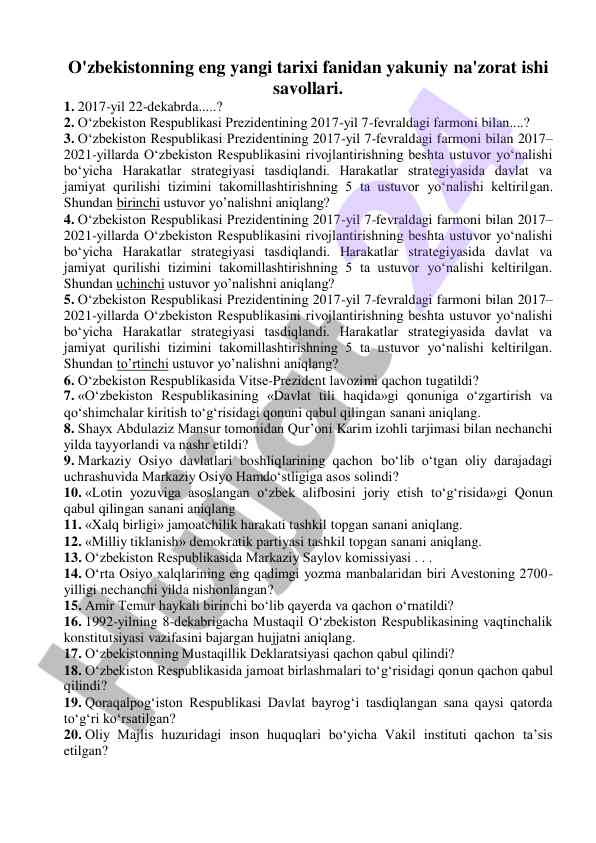 O'zbekistonning eng yangi tarixi yakuniy nazorat ishlari