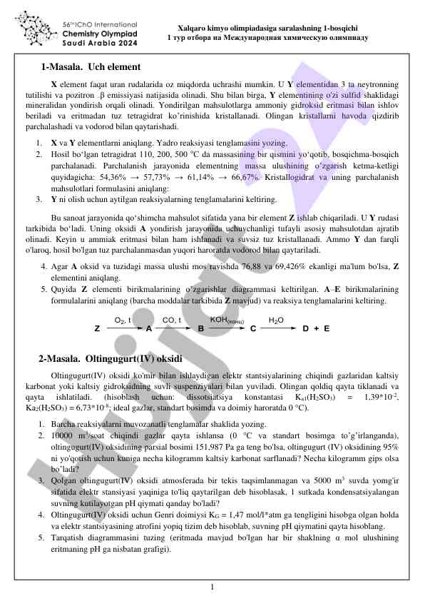 Kimyo olimpiadasi uchun laboratoriya masalalari