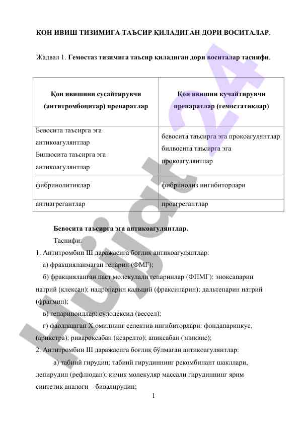 Қон ивиш тизимига таъсир қиладиган дори воситалари