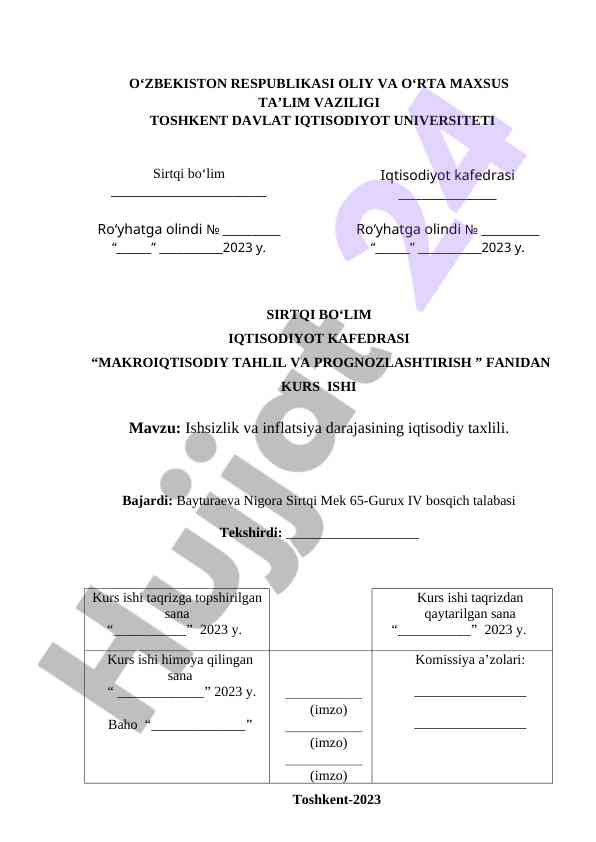 Ishsizlik va inflatsiya darajasining iqtisodiy taxlili.