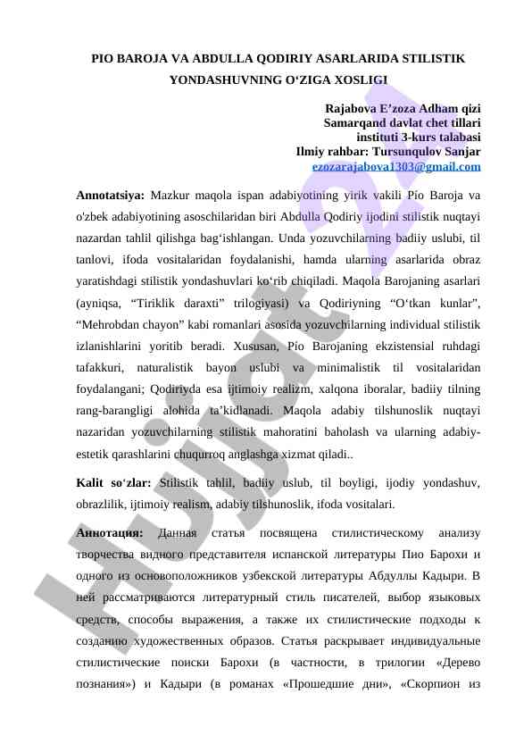 Pio baroja va abdulla qodiriy asarlarida stilistik yondashuv