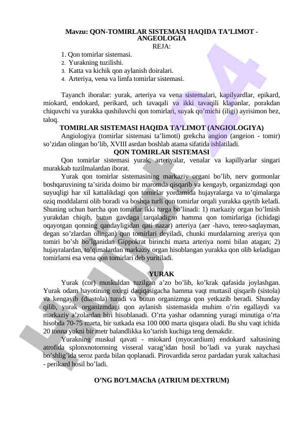 Qon-tomirlar sistema taqdimoti angiologiya