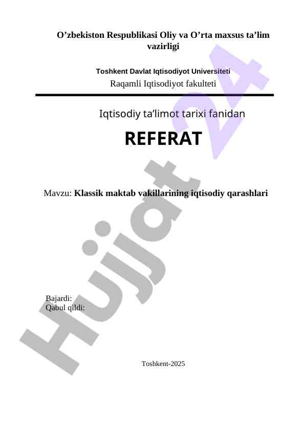 Klassik maktab iqtisodiy qarashlari referat