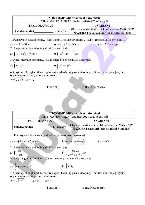 Oliy matematika kursi yakuniy nazorat savollari