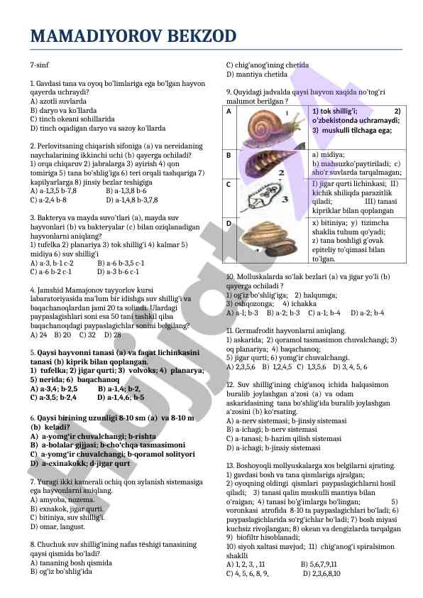 7-sinf biologiya test savollari