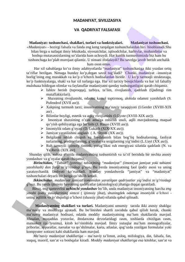 Madaniyat va qadriyat falsafasi tushunchalari