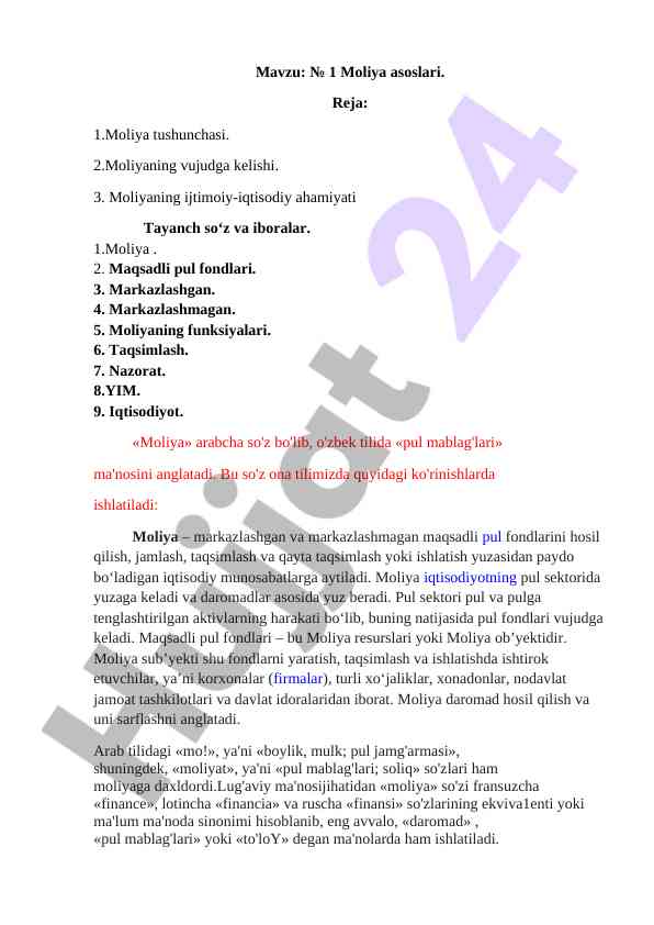 Moliya asoslari mavzusida tadqiqot