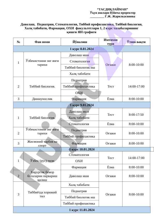 Qishgi imtihon grafigi - 1 va 2 kurs talabalari