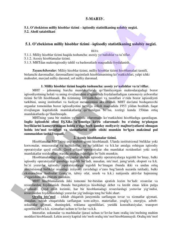 O'zbekiston milliy hisoblar tizimi va iqtisodiy statistika