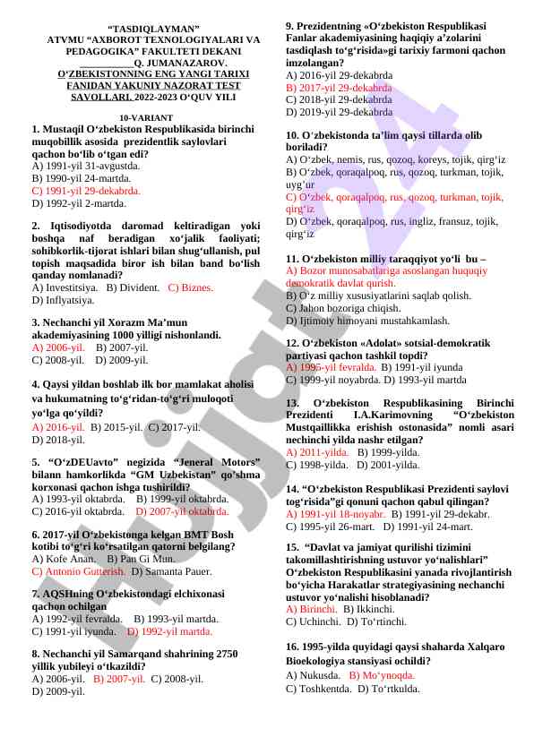 O‘zbekiston prezidentlik saylovlari va iqtisodiyot savollari