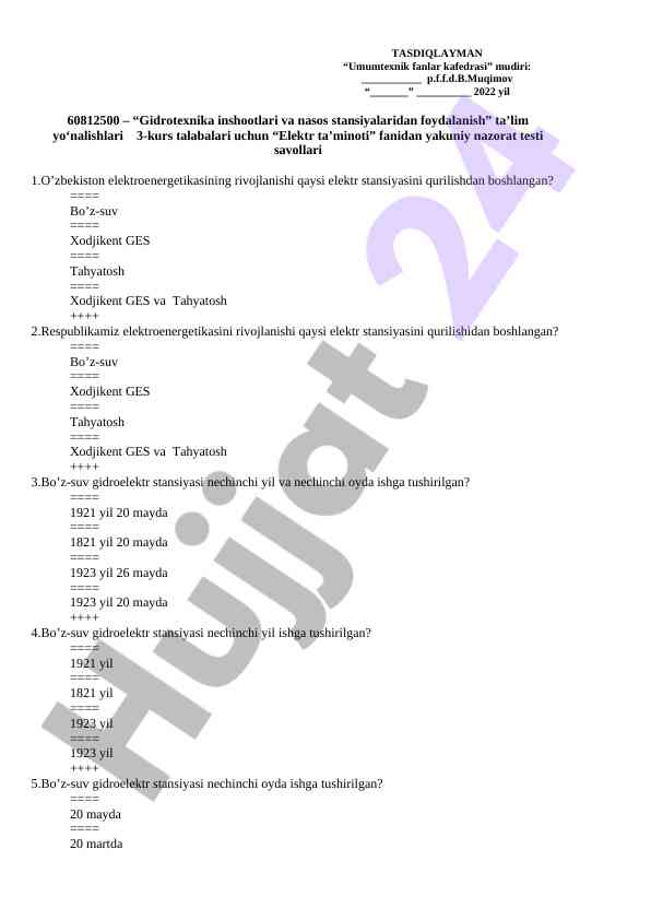 Elektr ta’minoti fanidan yakuniy nazorat testi savollari