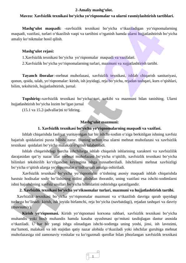 Xavfsizlik texnikasi bо‘yicha yо‘riqnomalar tahlili