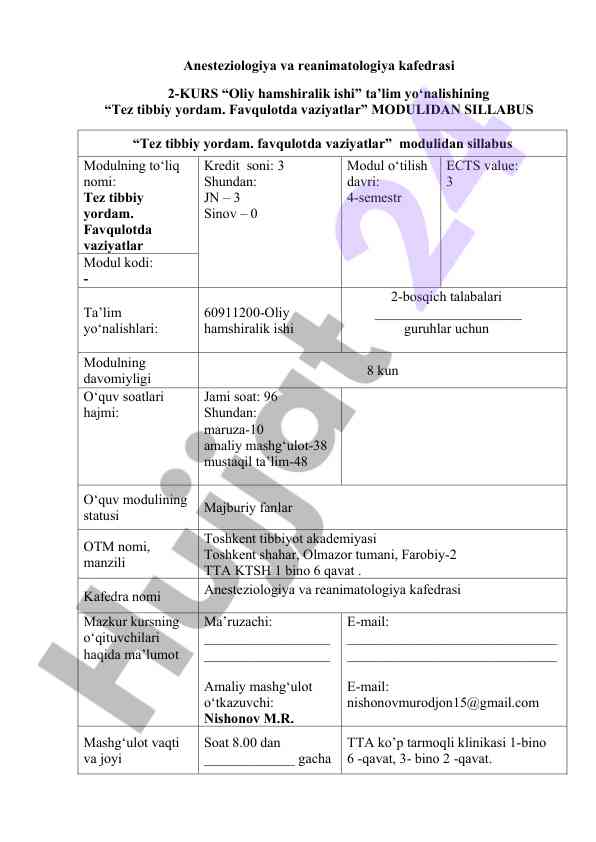 Tez tibbiy yordam module sillabi