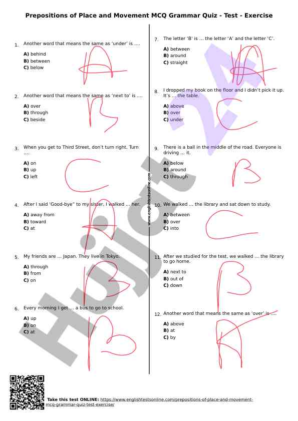 Prepositions of place and movement grammar quiz