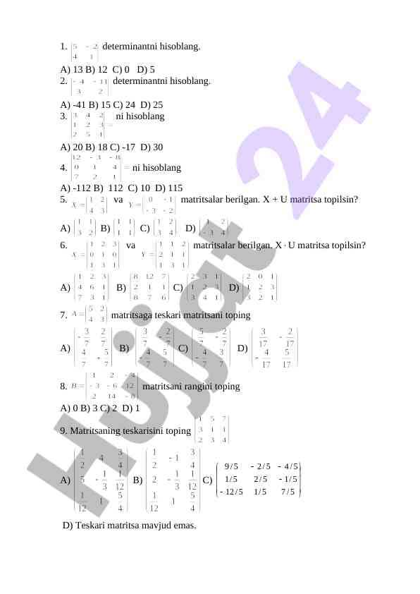 Matritsa hisoblash testi savollari