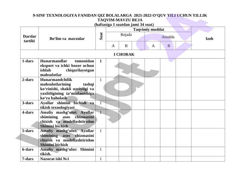 2021-2022 o‘quv yili qiz bolalar uchun ta'lim rejasi
