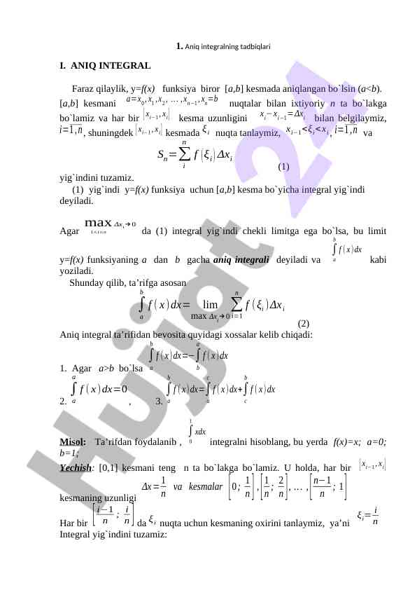 Aniq integralning tadbiqlari