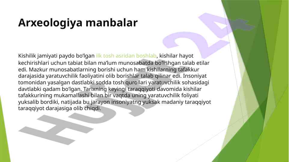 Arxeologiya manbalarida kishilik jamiyatining taraqqiyoti
