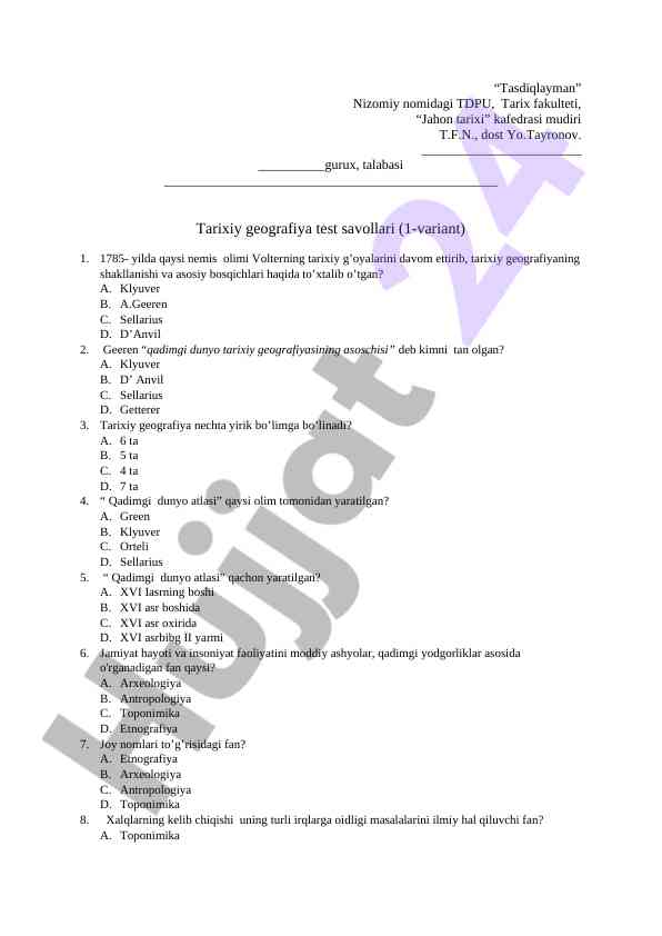 Tarixiy geografiya test savollari 1-variant