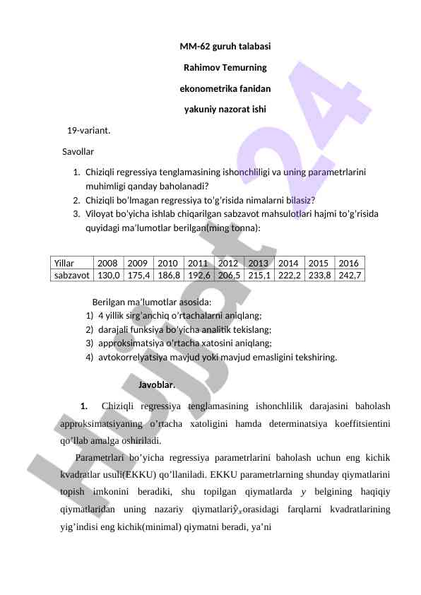 Chiziqli regressiya va dinamik qatorlar tahlili