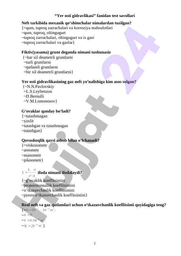Yer osti gidravlikasi fanidan test savollari