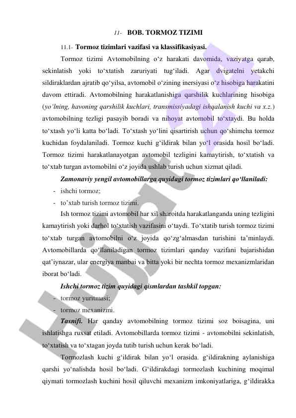 Avtomobil tormoz tizimlari va ularning klassifikasiyasi