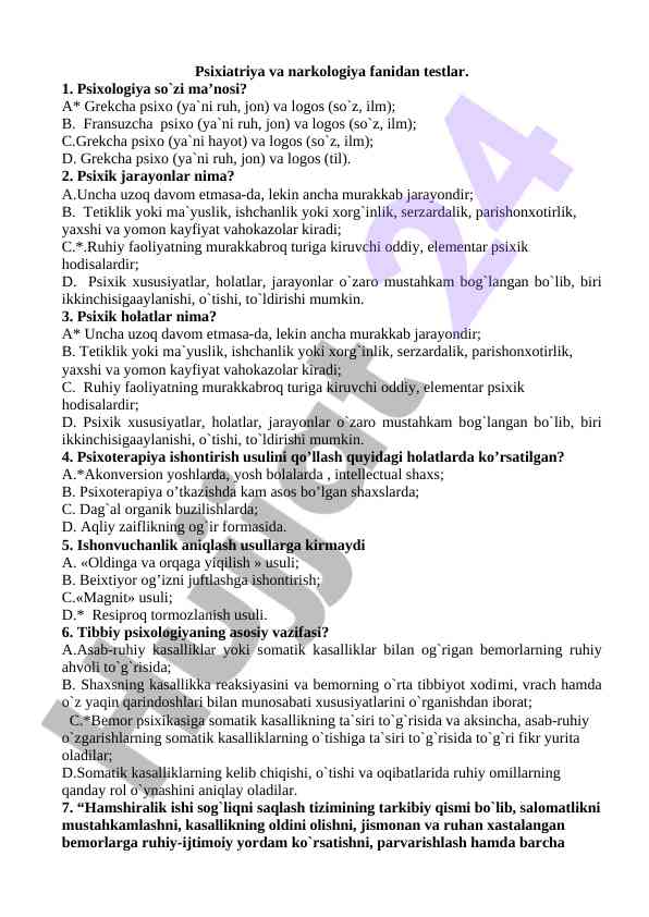 Psixiatriya va narkologiya fanidan testlar
