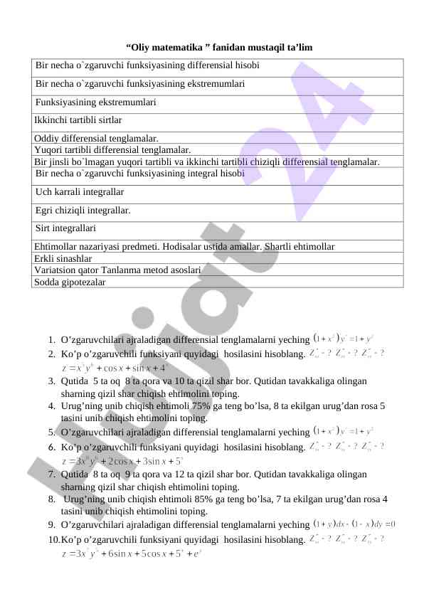 Mustaqil ta’lim oliy matematika fanidan