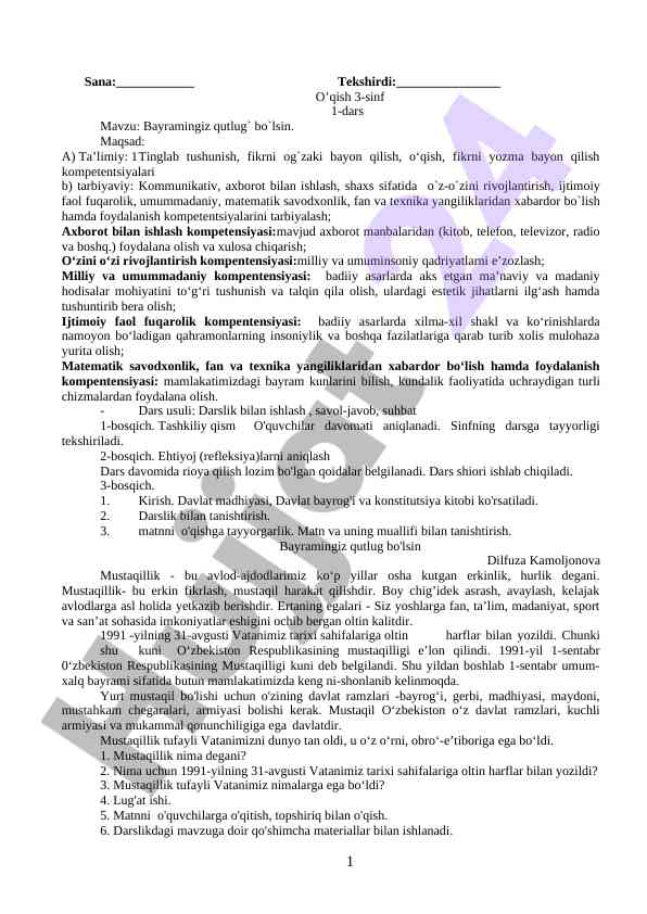 Bayramingiz qutlug bo'lsin 3-sinf 1-dars